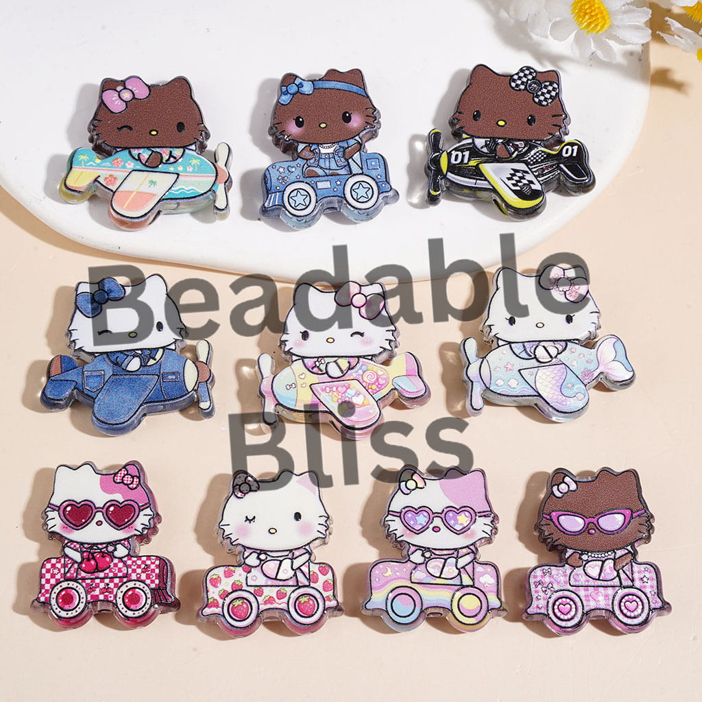 Acrylic Beads Cute Cat Character Driving Plane Car, Semi-Clear, Random Mix Multi-Color