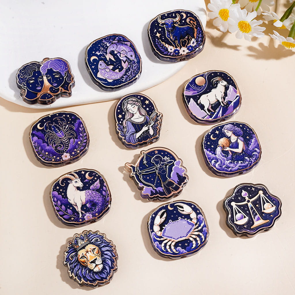 Twelve Constellation in Dark Purple Series Acrylic Beads, Semi-Clear, Random Mix