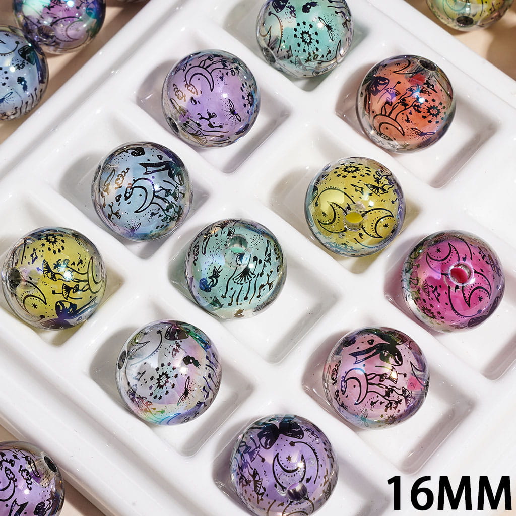 UV-Coated Acrylic Beads for Bracelets with Ball Inside and Hand-Printed Moon Bowtie Flower Star, 16MM Multi-Color Random Mix