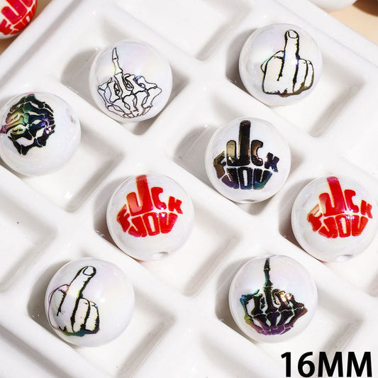 UV-Coated Red, Black & White Humor Gesture and Text Printed Round Acrylic Beads for Bracelets, 16MM, Assorted Colors, Random Mix