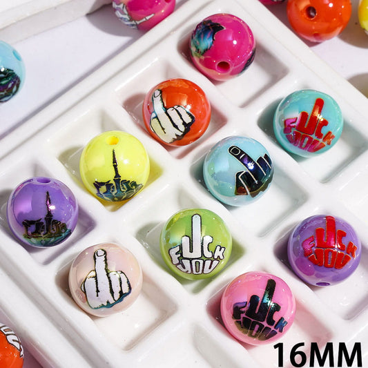 UV-Coated Fun Hand Humor Gesture & Text Print Acrylic Beads for Bracelets, 16MM, Multi-Color Random Mix