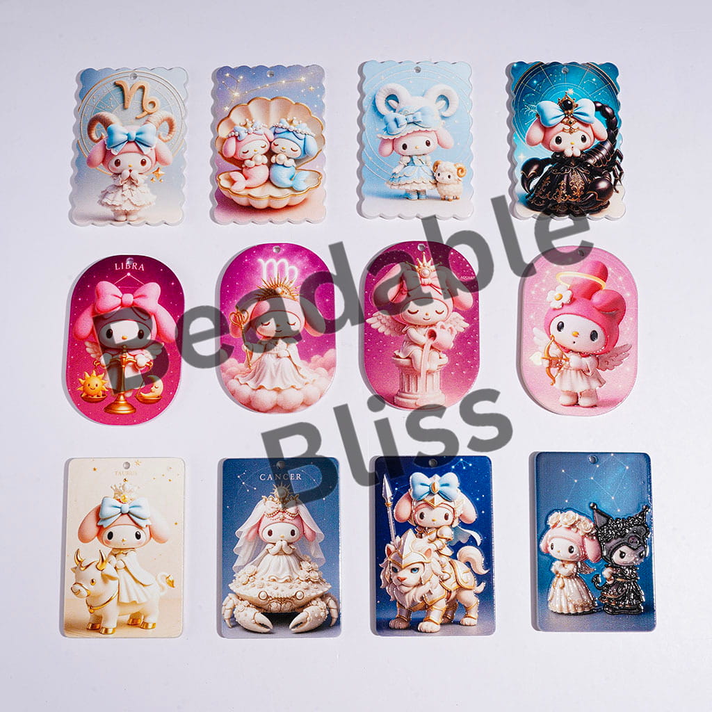 Twelve Constellation Bunny Like Girl Character Acrylic Pendants, Various Design Flat Rectangle Shape, Random Mix