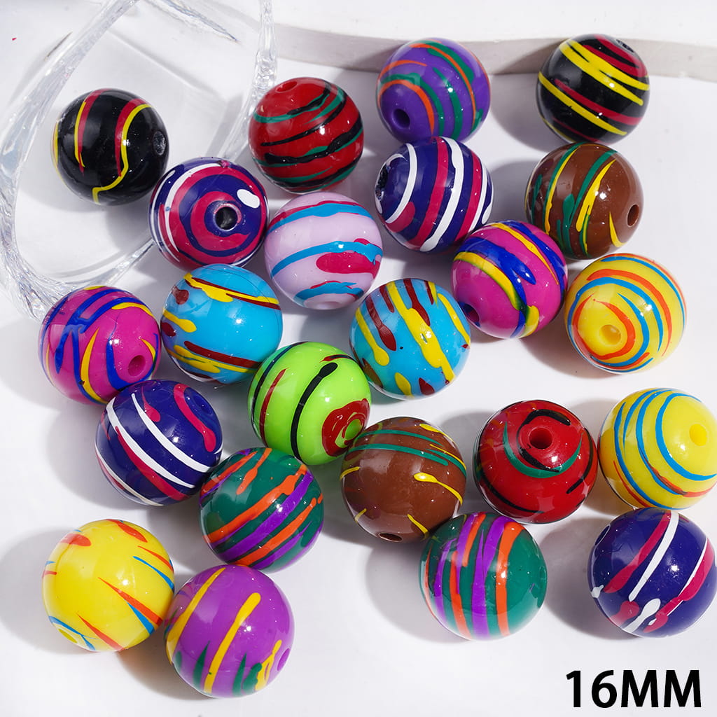 Colorful Splashed Ink Stripe Texture Round Acrylic Beads for Bracelets, 16MM, Random Mix