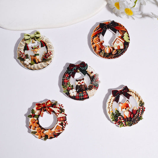 Adorable Hollow Bowtie Wreath with Deer, Owl & Gingerbread Designs, Christmas Theme Flat Round Acrylic Beads, Random Mix