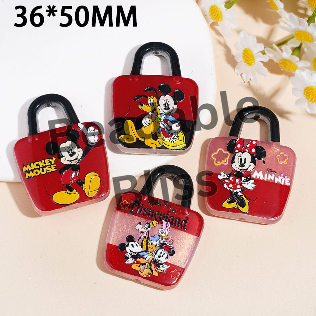 Acrylic Beads & Pendants Padlock Shape with Classic Animal Character Mouse Duck Dog, 36*50MM, Random Mix