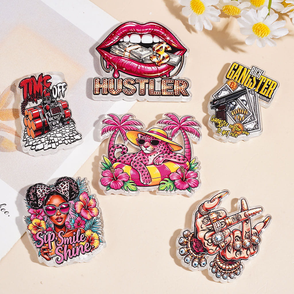 Bold Hip-Hop Style Pink Leopard Girl Series, Lip, Gun, Hot & Hand Design Acrylic Beads, Random Mix