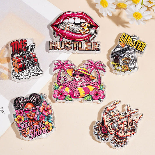 Bold Hip-Hop Style Pink Leopard Girl Series, Lip, Gun, Hot & Hand Design Acrylic Beads, Random Mix