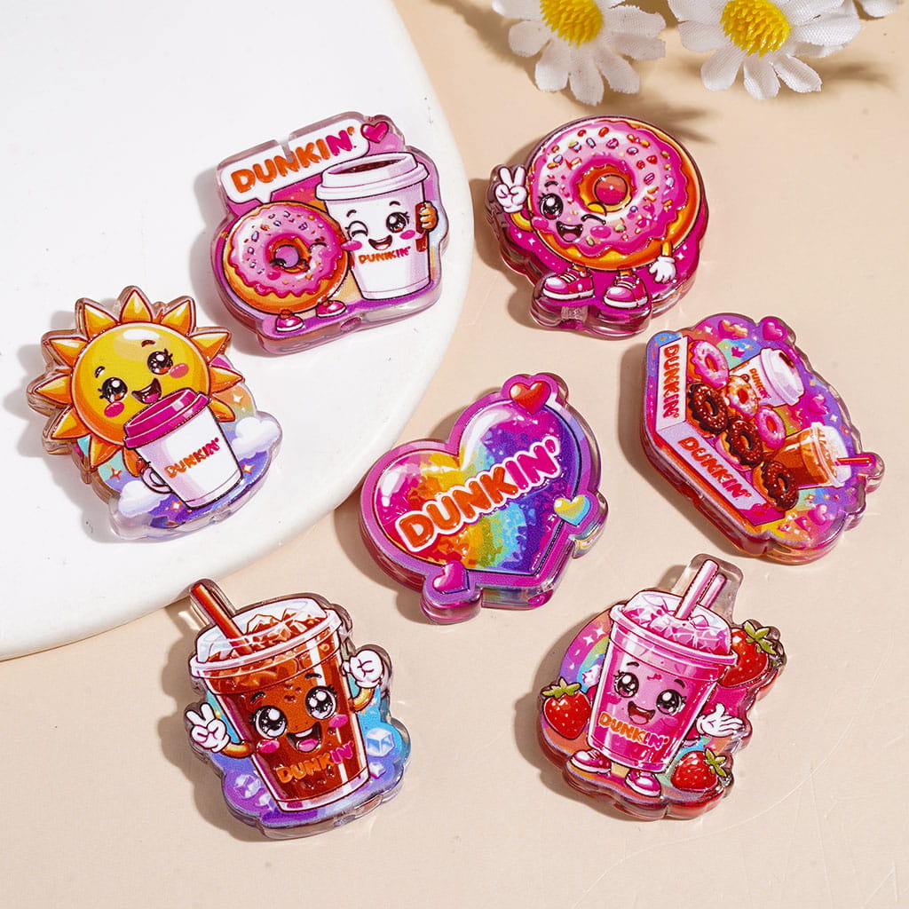 Acrylic Beads Coffee Doughnut Pink Series, Semi-Clear, Random Mix