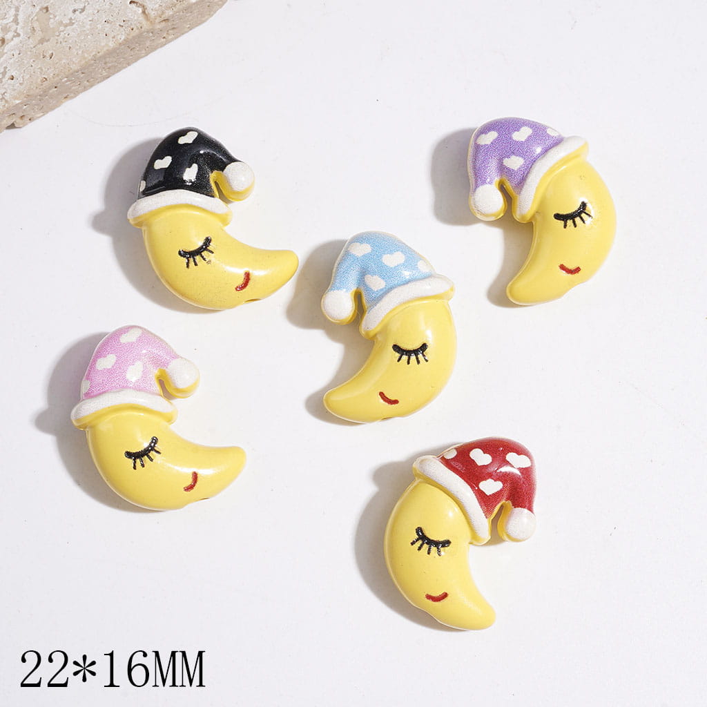 Dreamy Sleeping Crescent Moon with Colorful Nightcaps Acrylic Beads, 22*16MM, Random Mix