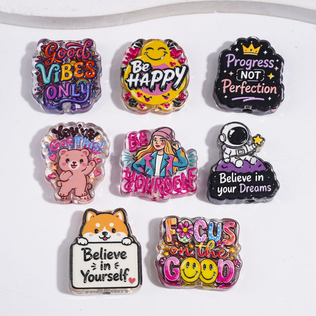 Motivational Quotes Text "Progress NOT Perfection" " Never give up" .... in Cartoon Series Acrylic Beads, Random Mix