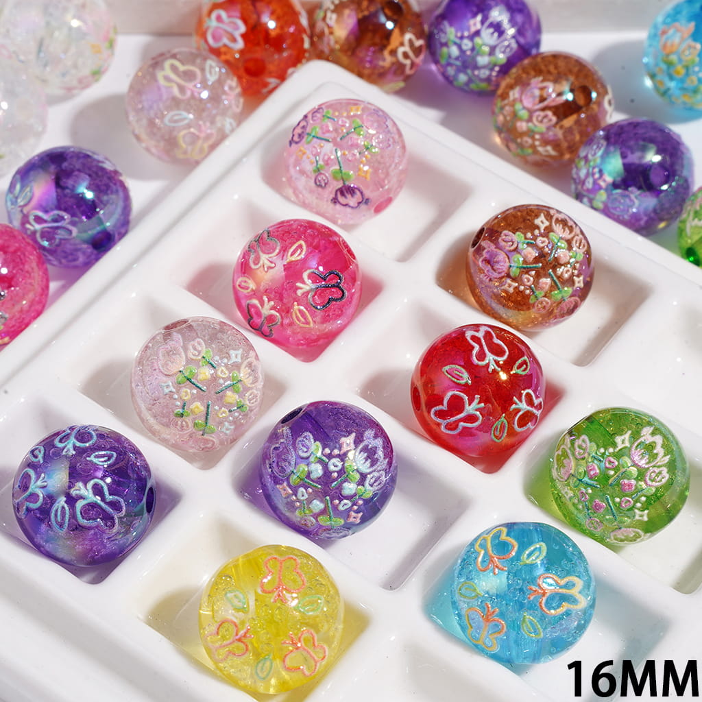 UV-Coated Colorful Butterfly and Tulip Flower Design Printed Round Acrylic Beads for Bracelets, 16MM, Random Mix