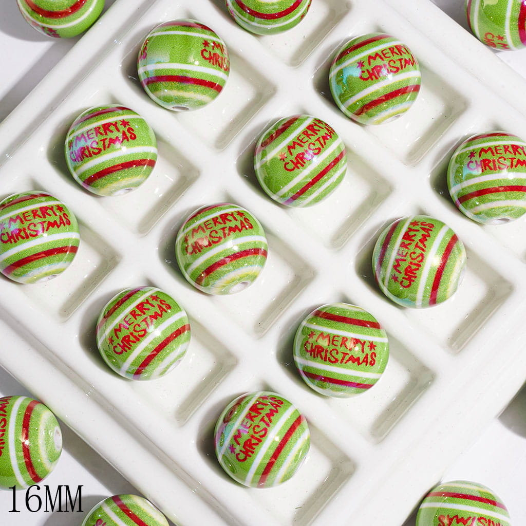 UV-Coated Green, Red & White Stripe Pattern with Text "Merry Christmas" Printed Round Acrylic Beads for Bracelets, 16MM, Random Mix