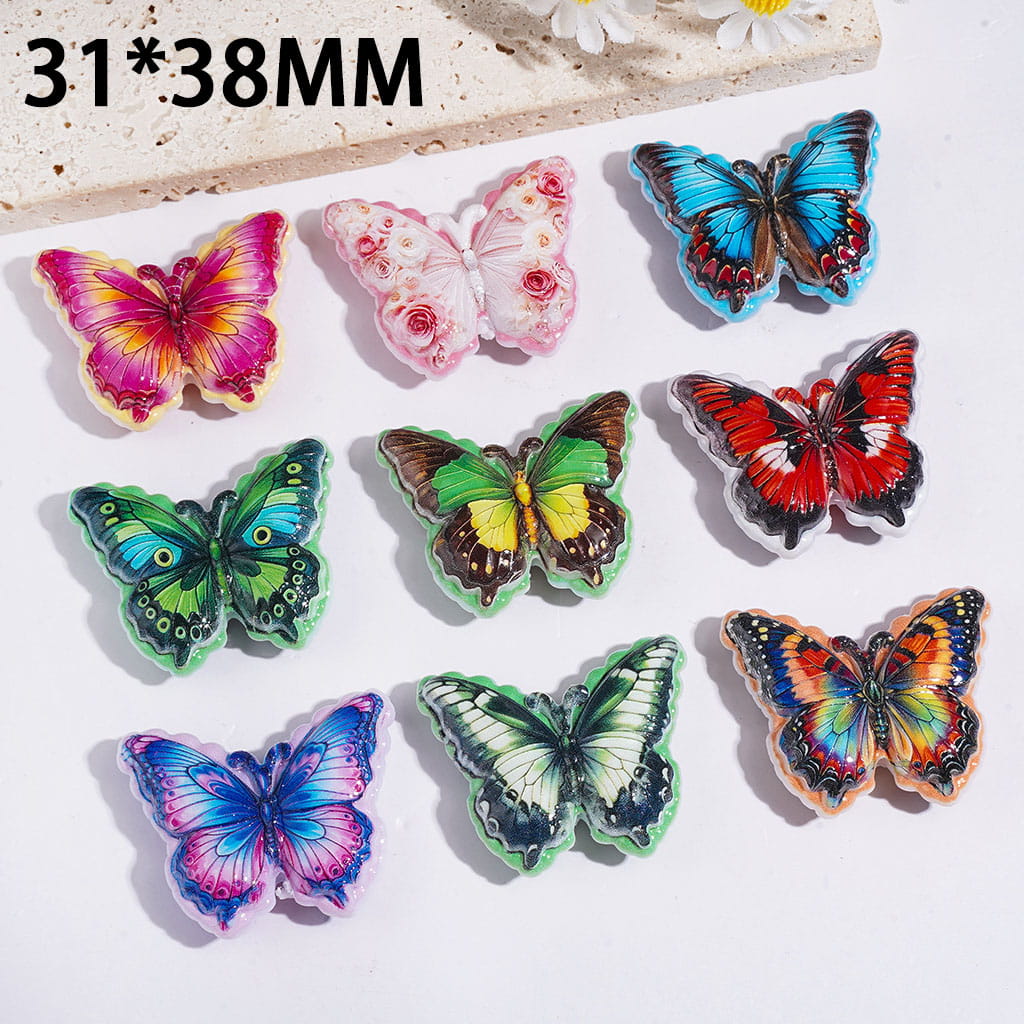Vibrant Butterfly Design with Assorted Textured Details Acrylic Beads, 31*38MM, Multi-Color, Random Mix