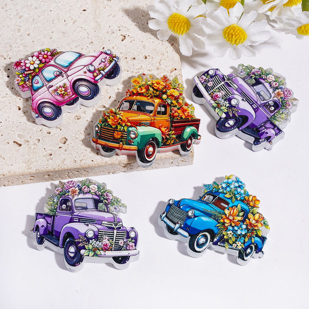 Charming Truck Car with Colorful Flower Details, Acrylic Beads, 30*35MM, Multi-Color, Random Mix