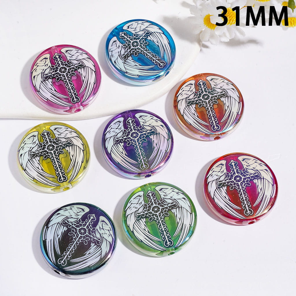 Multi-Color UV-Coated Cross & Angel Wings Design Acrylic Beads, 31MM, Flat Round Shape, Random Mix
