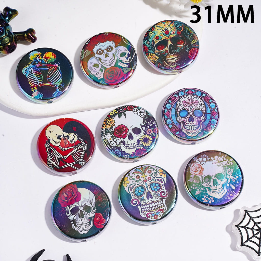 UV-Coated Spooky Skull Head with Floral Details, Flat Round Shape Acrylic Beads, 31MM, Random Mix