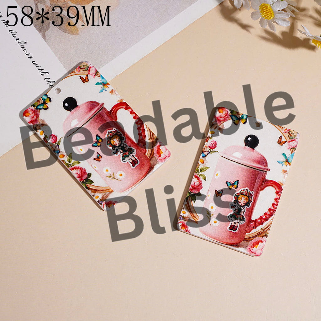 Acrylic Pendants with Pink Enamel Cup Peony Flower Butterfly Patterns, 58*39MM, Rounded Flat Rectangle Shape
