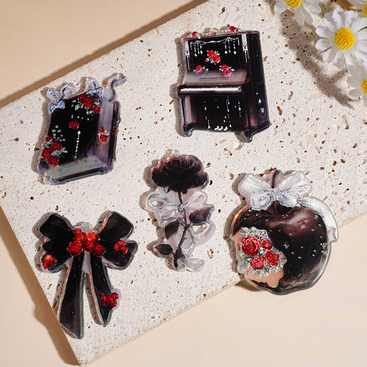 Gothic Black Rose Piano, Bow, Mirror & Apple with Red Floral Design, Iridescent Halloween Acrylic Pendants, Random Mix