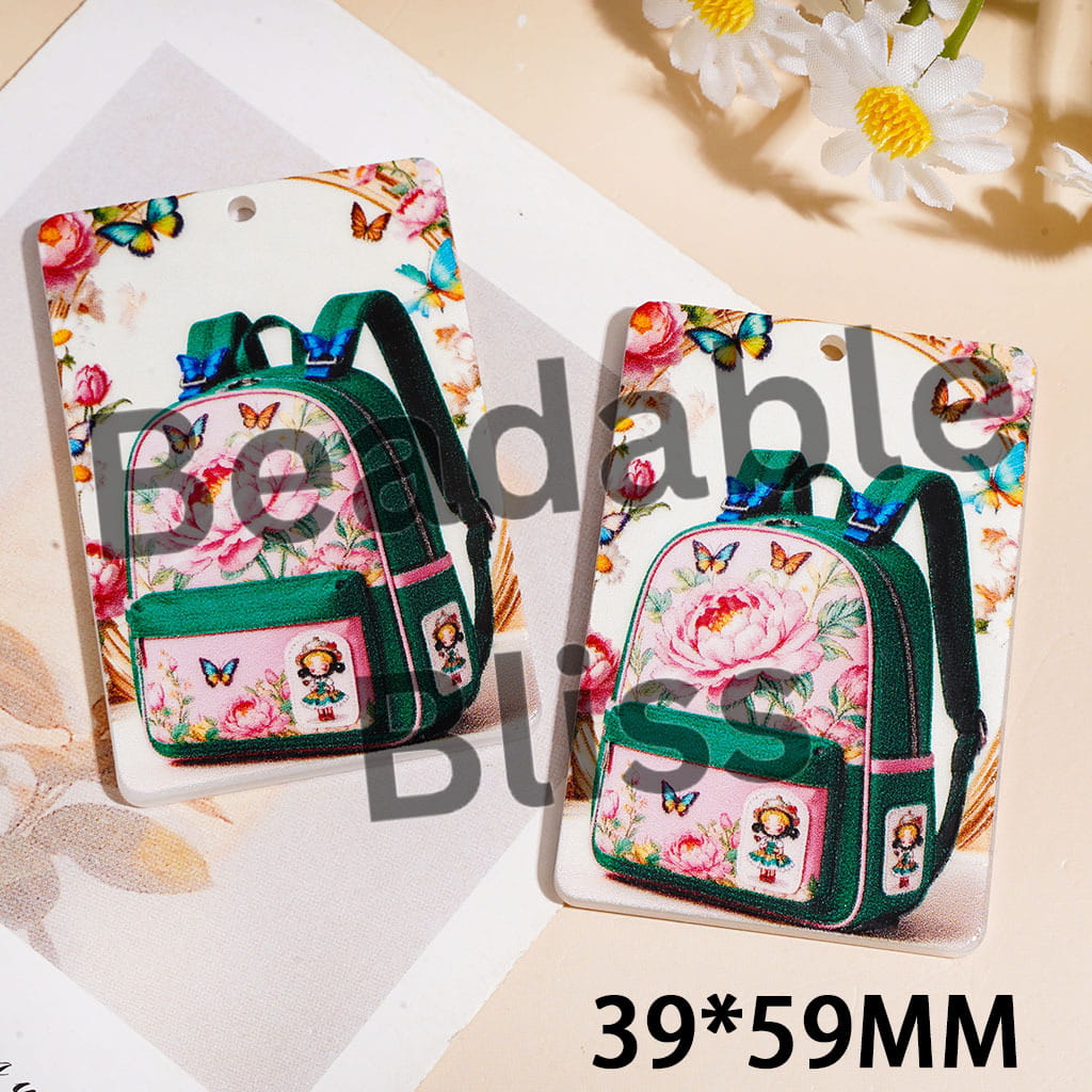 School Bag with Butterfly Flower Acrylic Pendants, Flat Rectangle Shape, 39*59MM