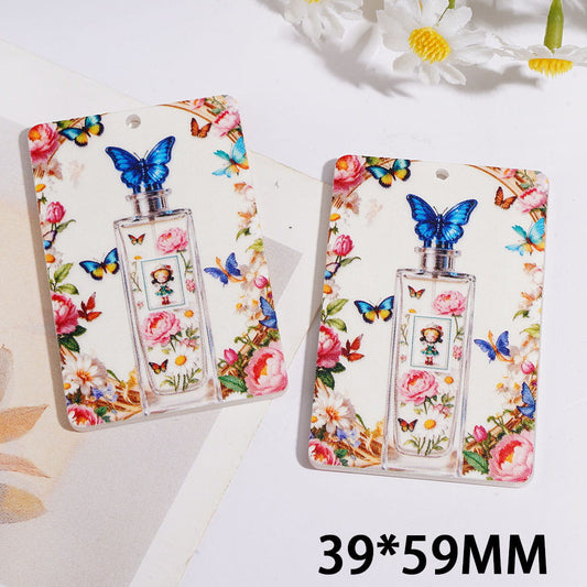 Elegant Perfume Bottle with Butterfly & Lush Pink And White Garden Roses Flat Rectangle Shape Acrylic Pendants, 39*59MM