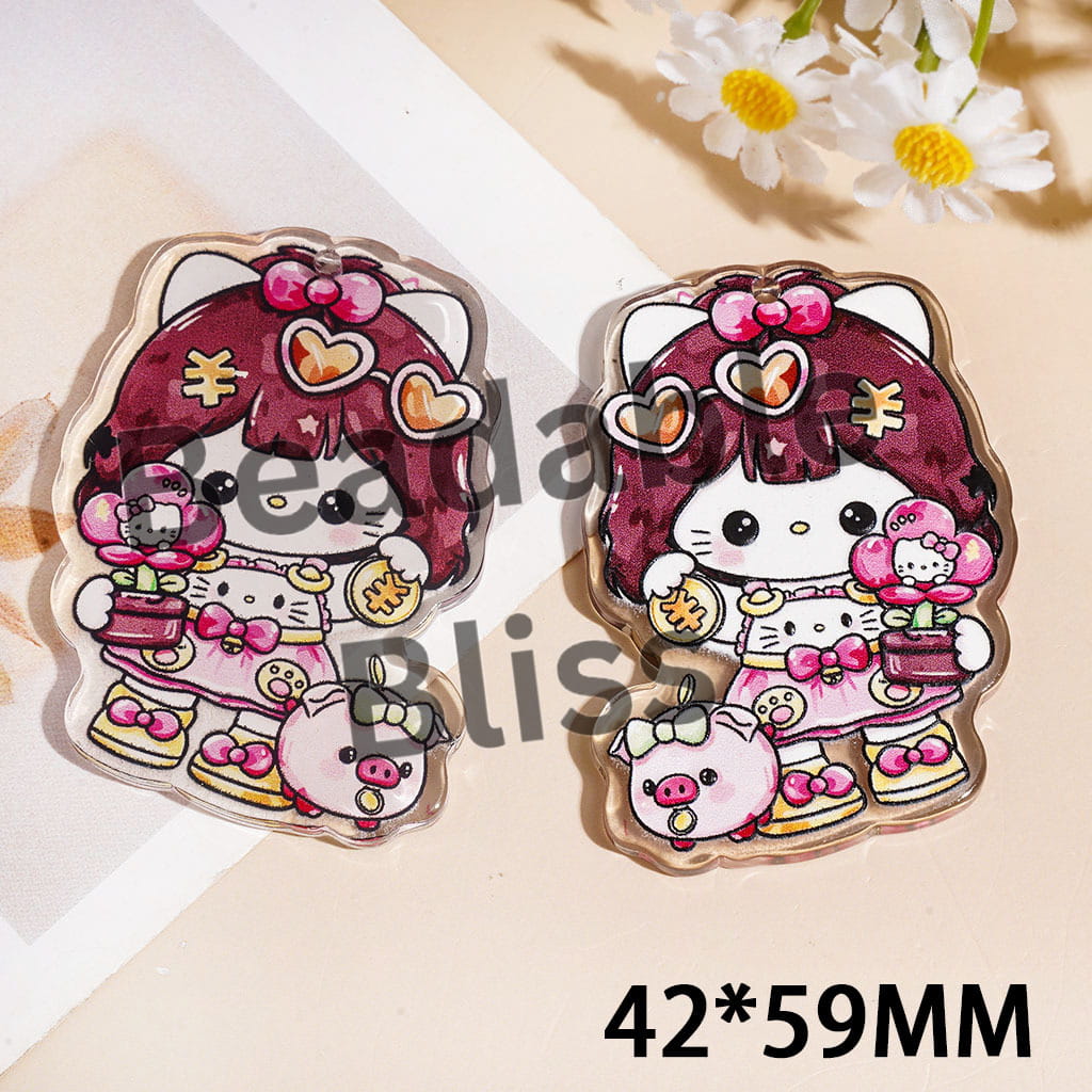 Cute Girl Holding Flower Pot with Piggy Bank & Coin Single-Side Acrylic Pendants, 42*59MM