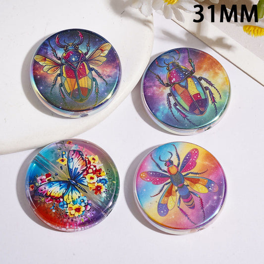 UV-Coated Adorable Beetle, Butterfly & Flower Designs, Flat Round Shape Acrylic Beads 31MM, Random Mix