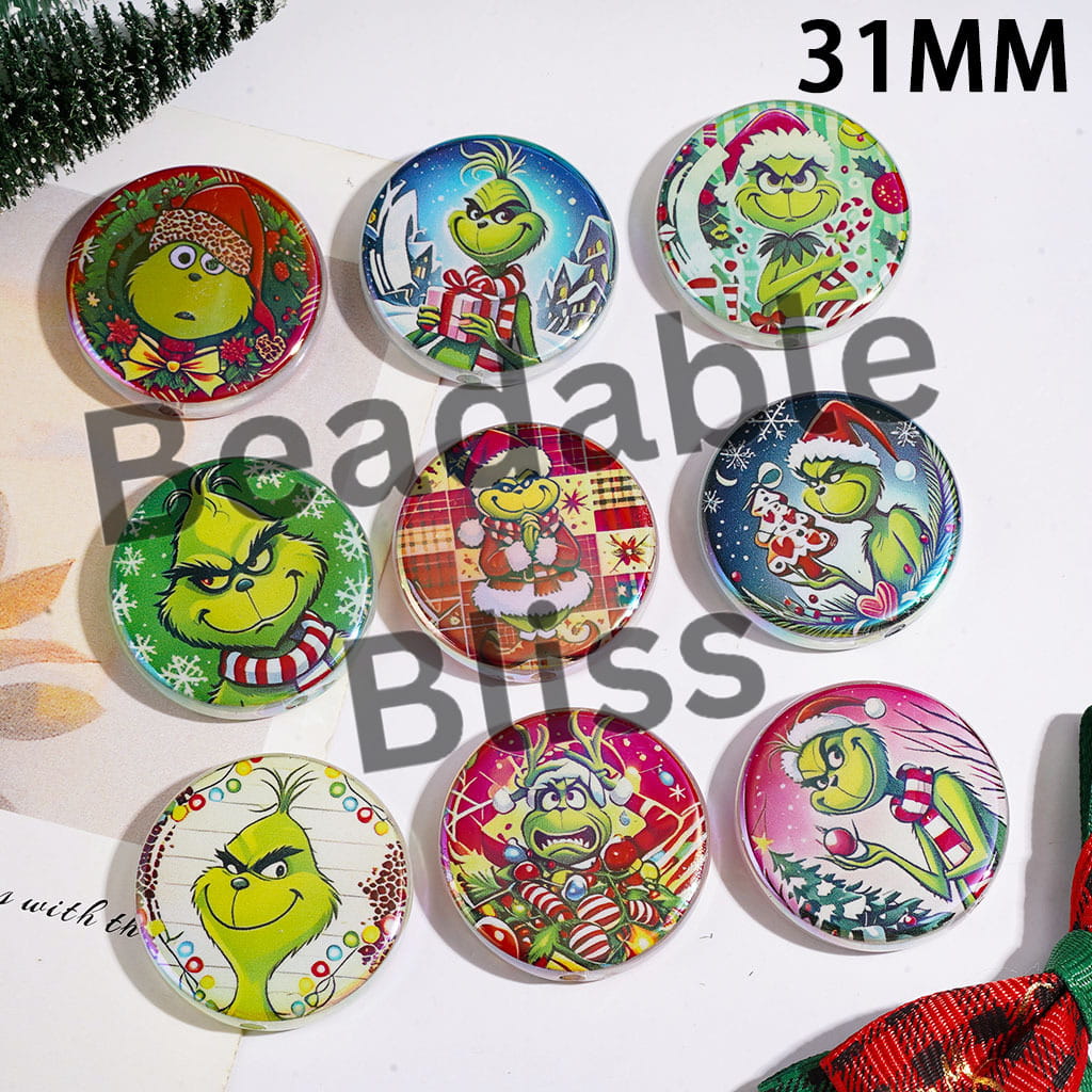 Funny Christmas Green Character Series UV Coating Acrylic Beads, 31MM, Flat Round Shape, Random Mix