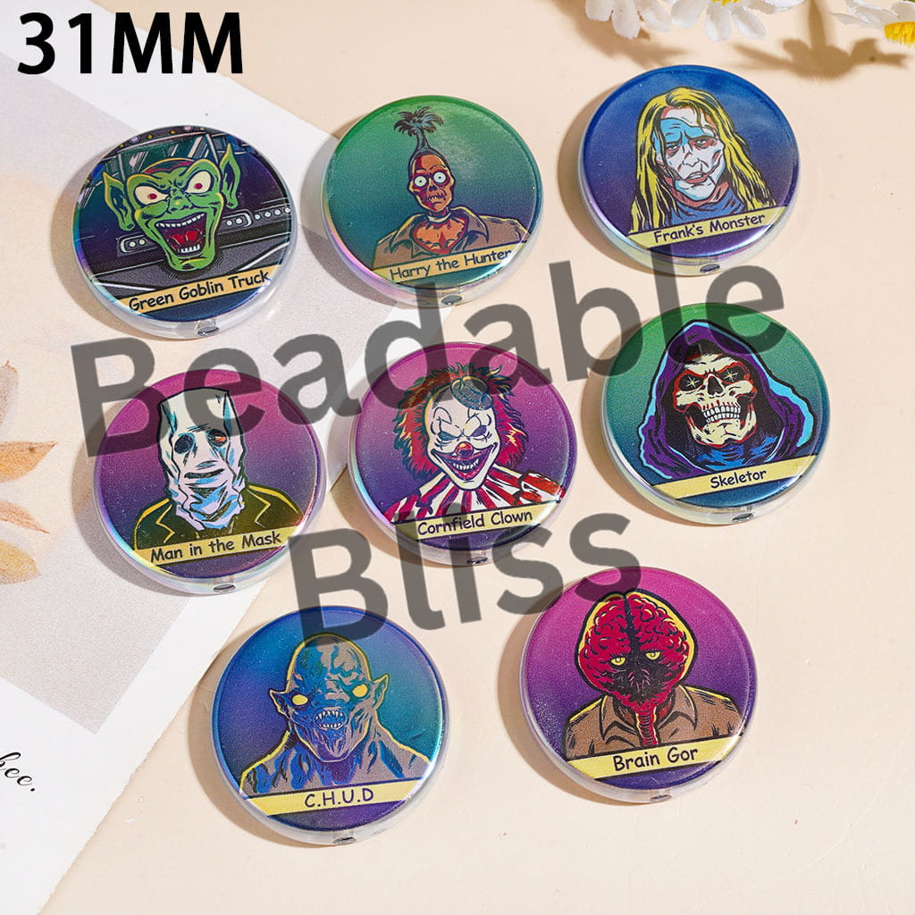 Halloween Horror Monster Pattern UV-Coated Acrylic Beads, Flat Round Shape, 31MM Random Mix