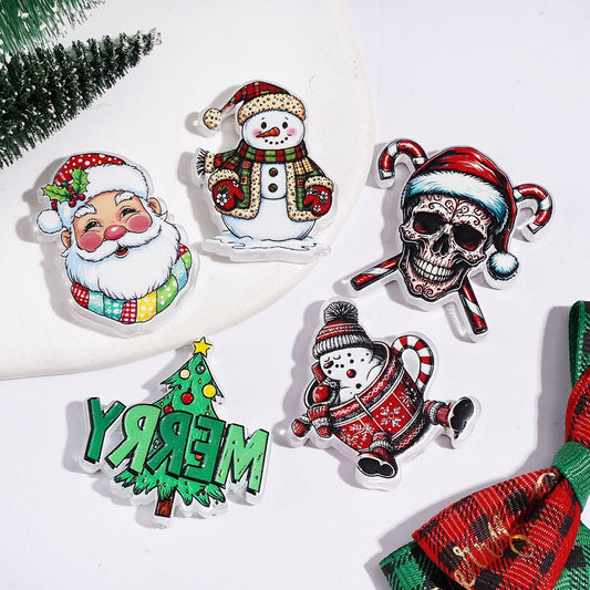 Playful Holiday Character Santa Claus, Snowman, Christmas Tree & Skull Designs Acrylic Beads , Random Mix