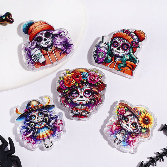 Spooky Colorful Skull Girl with Floral & Hat Designs, Day of the Dead Theme Acrylic Beads, Random Mix