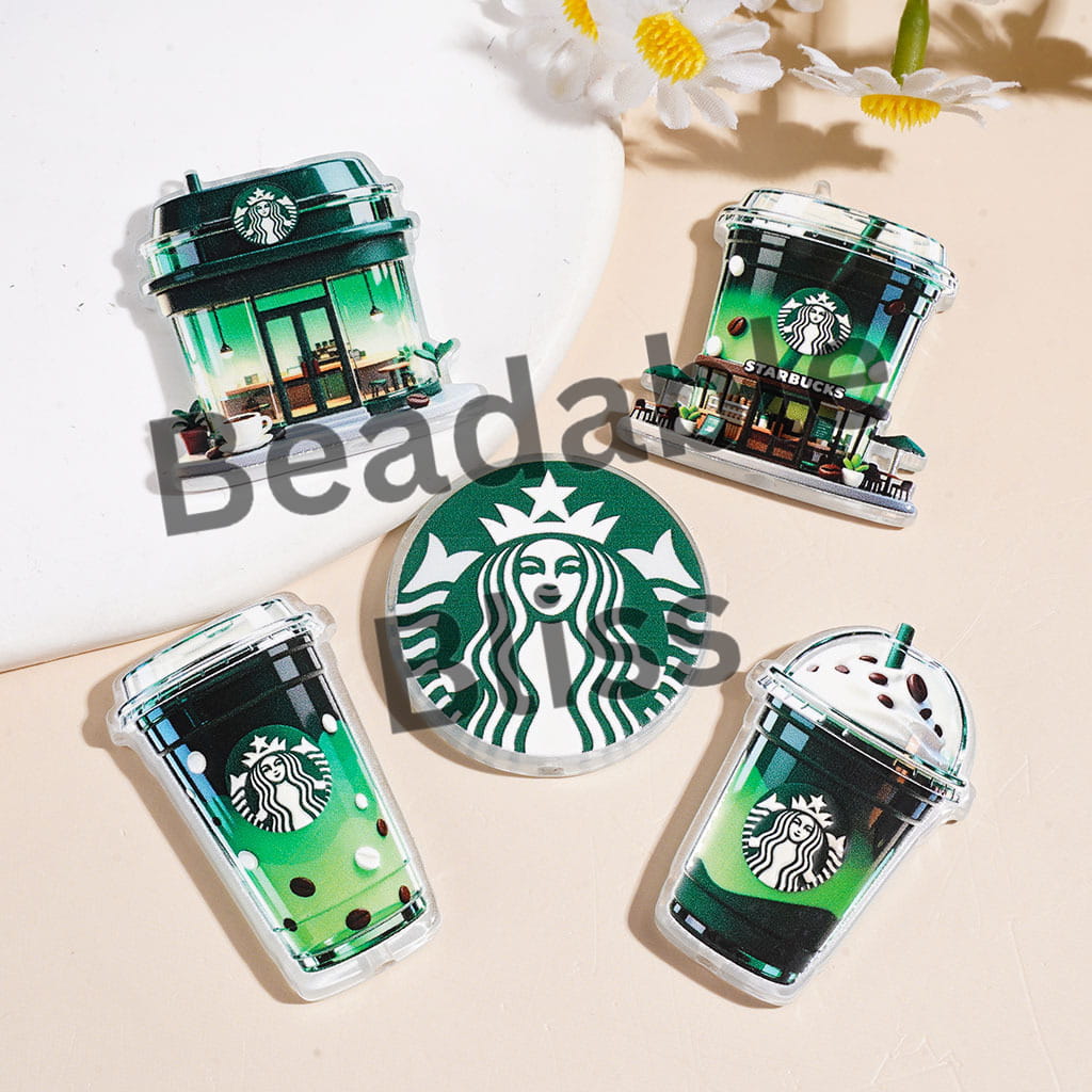 Green Style Coffee Acrylic Beads, Flat Round and Coffee Cup Shape, Random Mix