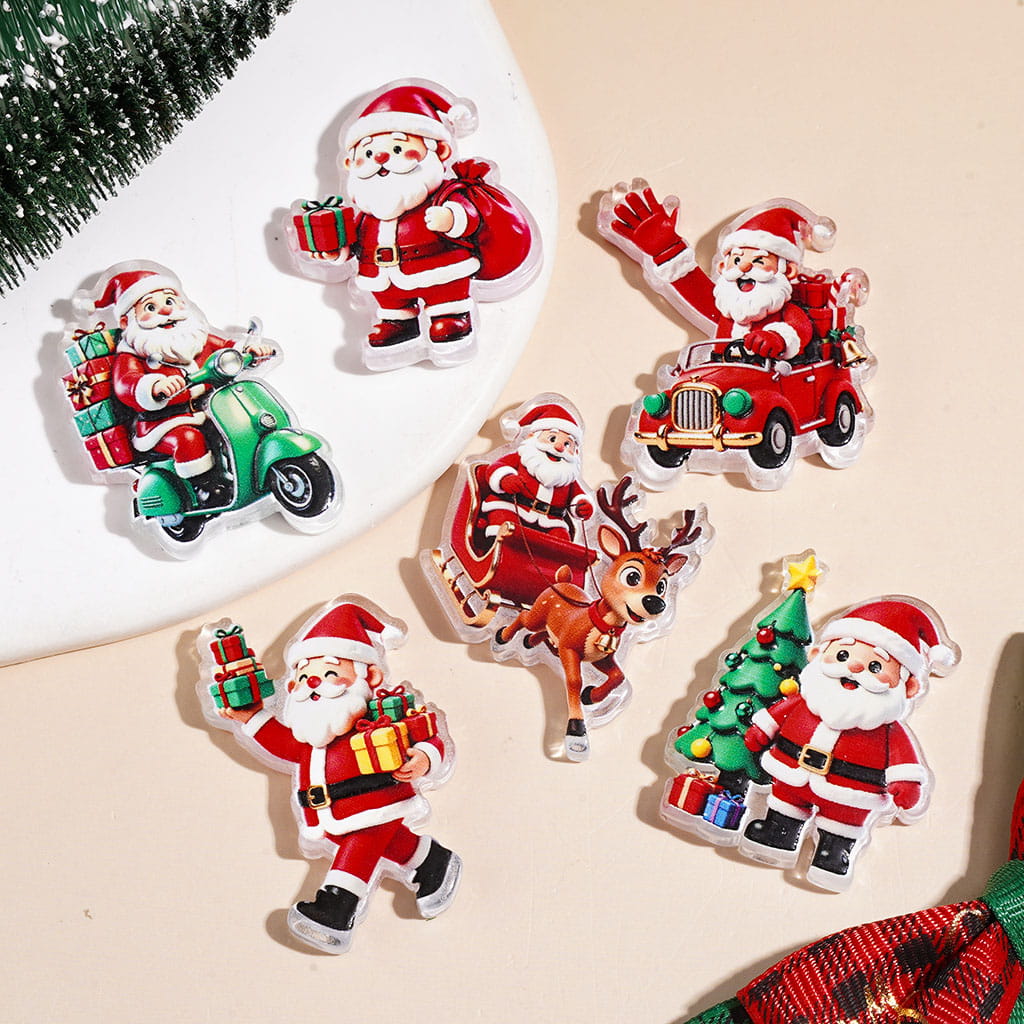 Christmas Santa Claus Sending Gifts Theme Acrylic Beads, Sitting Motorbike Car Sleigh, Random Mix