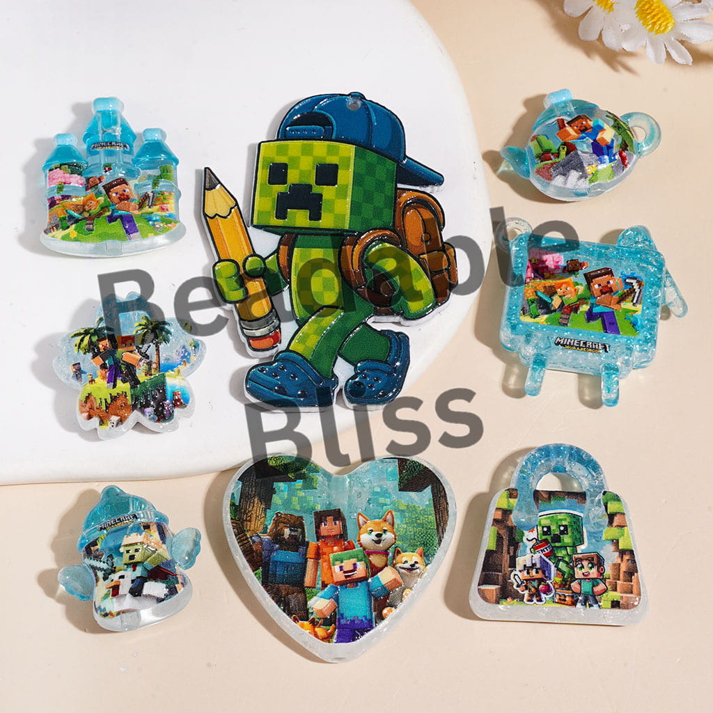 Crackle Acrylic Beads and Pendants Sandbox Game Series, Green Teal Series, Random Mix
