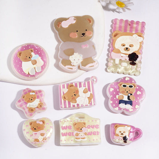 Sweet Teddy Bear Character Series in Pastel Pink and Brown Colorway Acrylic Beads and Pendants, Random Mix