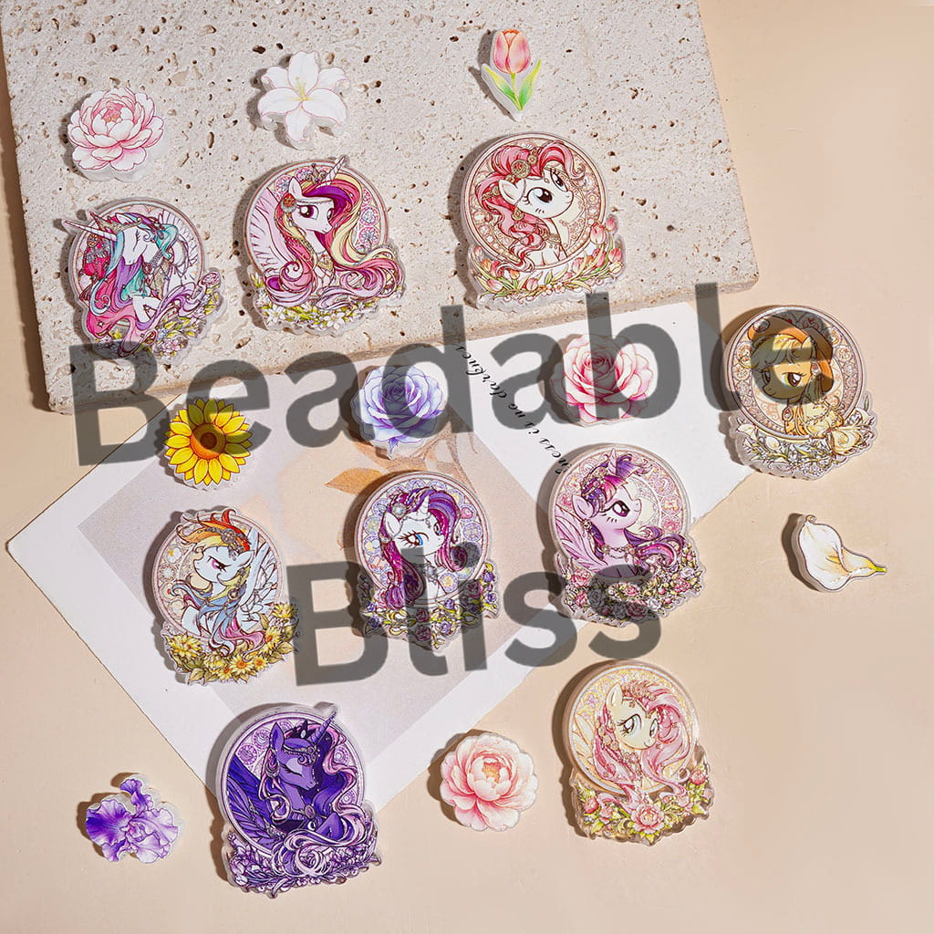 Acrylic Beads Unicorn Little Horse Character and Mini Flower, Random Mix (Please Read the Description)