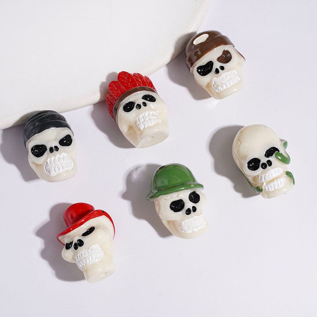 Spooky Skull Head with Colorful Hat Designs in Red, Green & Brown Halloween Theme Acrylic Beads, Random Mix