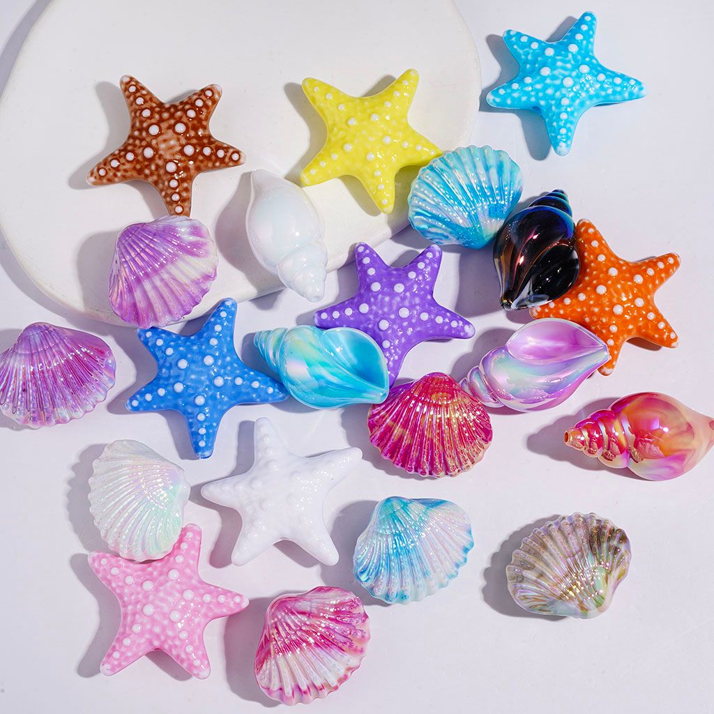 UV Coating Vivid Starfish Conch Scallop Acrylic Beads, Various Colors, Random Mix