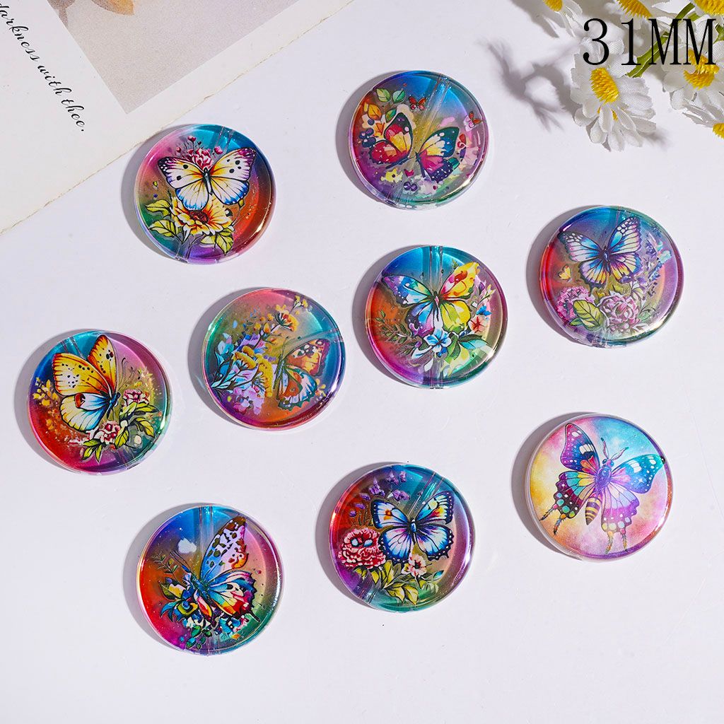 Acrylic Beads UV Coating Colorful Butterfly and Flower, 31MM, Flat Round Shape, Random Mix