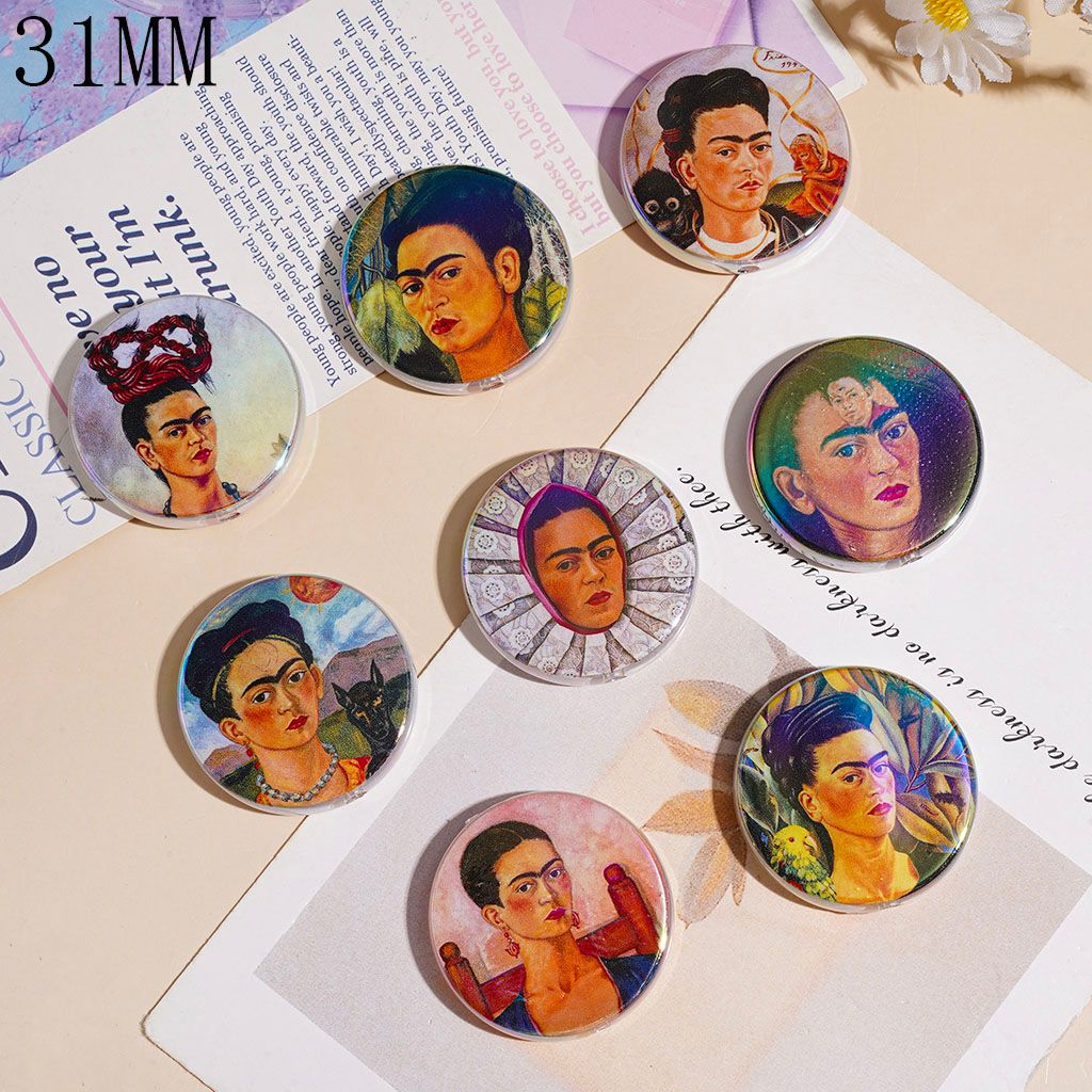 Frida Oil Painting Portraits Series UV-Coated Acrylic Beads, 31MM, Flat Round Shape, Random Mix