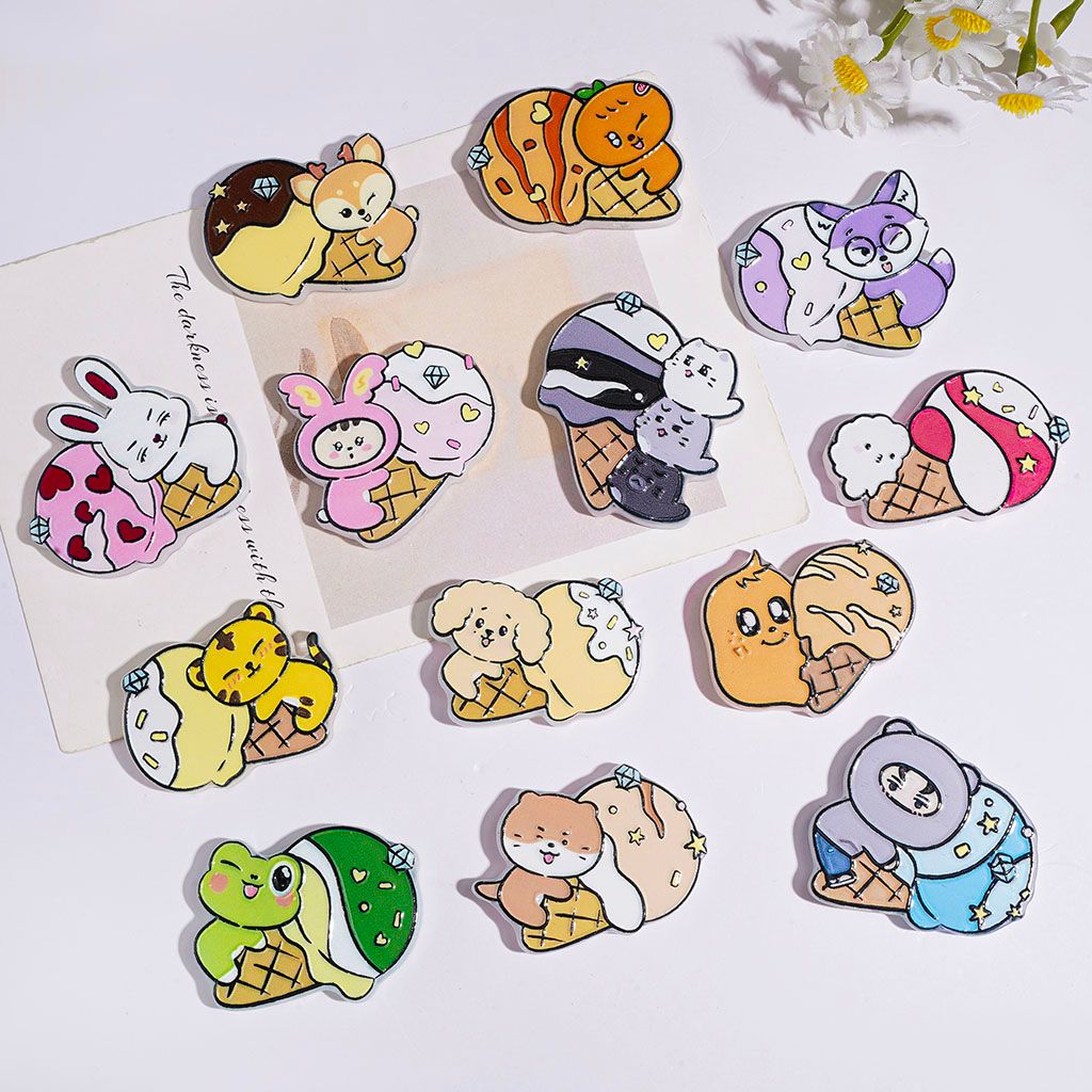 Adorable Cute Animal Laying on Ice Cream Cone Designs Acrylic Beads, Random Mix