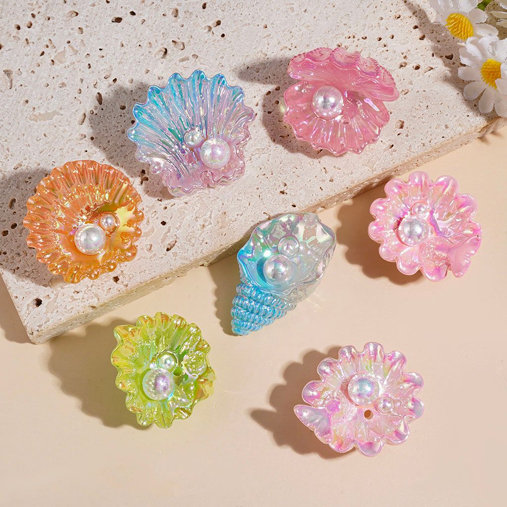 UV-Coated Elegant White Pearl Seashell & Conch Diverse Designs Acrylic Beads, Multi-Color, Random Mix
