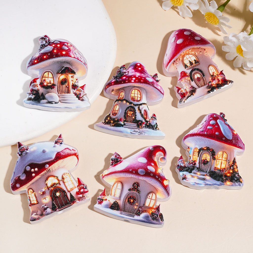 Delightful Red & White Mini Mushroom House Series Christmas Theme Acrylic Beads, Diverse Style, Random Mix