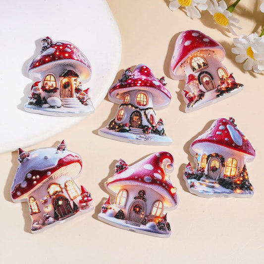 Delightful Red & White Mini Mushroom House Series Christmas Theme Acrylic Beads, Diverse Style, Random Mix