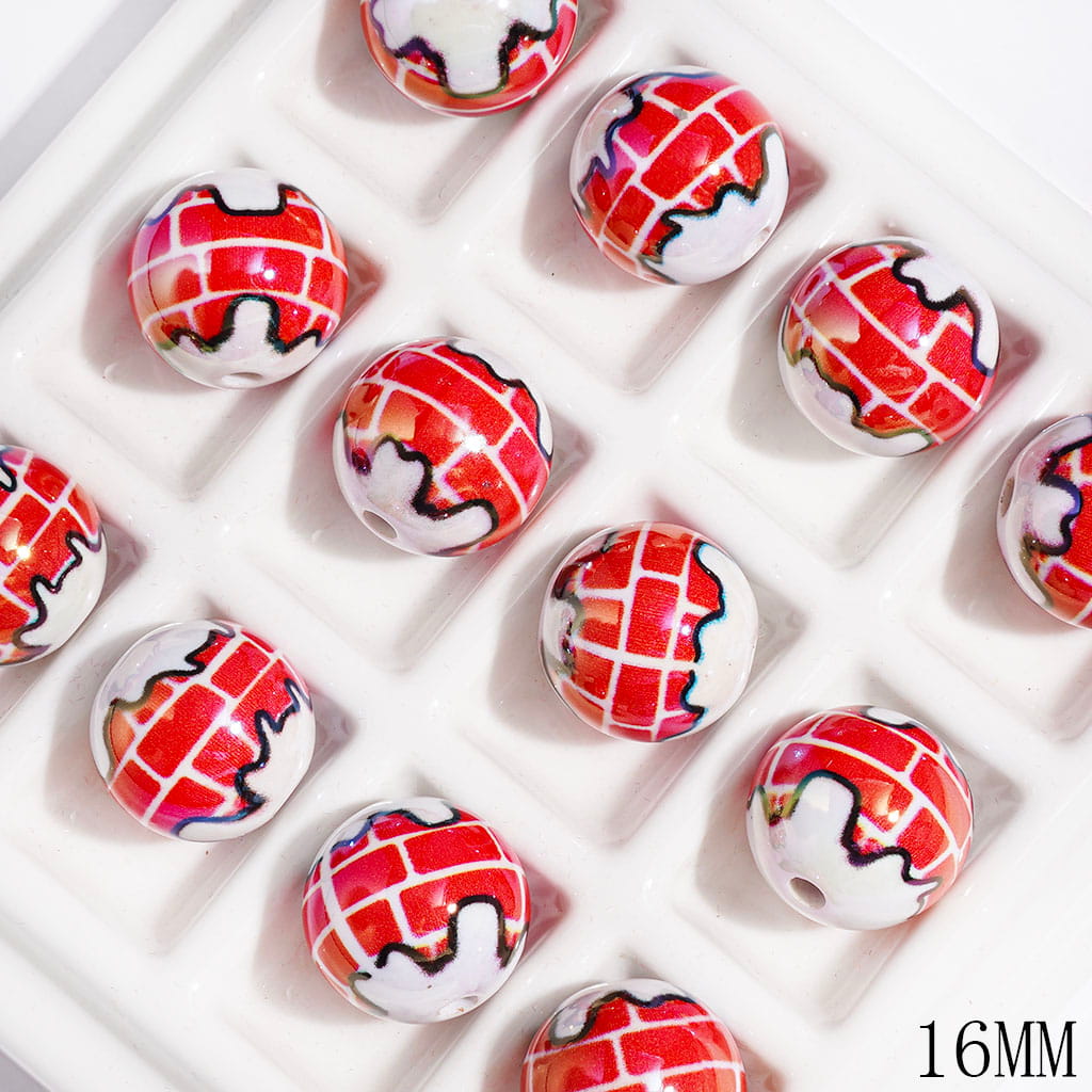 UV-Coated Festive Red Wall & White Puzzle Pattern Printed Round Acrylic Beads for Bracelets, 16MM, Random Mix