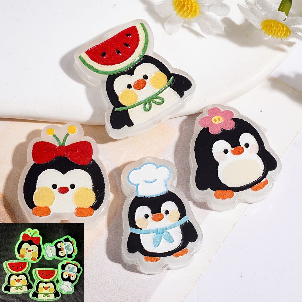 Playful Luminous Cartoon Penguin Character Series with Watermelon, Flower, Bowtie & Chef Hat Designs, Acrylic Beads, Random Mix