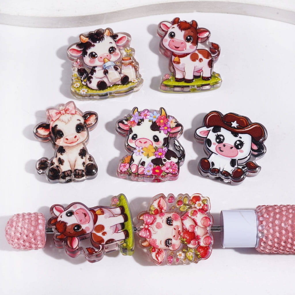 Playful Cow Character in Assorted Farm-Themed Patterns, Semi-Clear Acrylic Beads, Random Mix