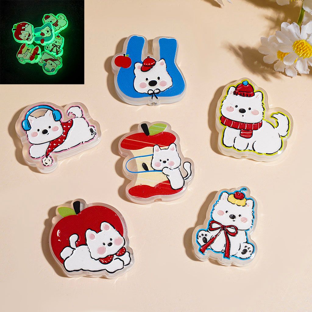 Luminous Cheerful Dog with Apple Character Acrylic Beads, Diverse Designs, Random Mix
