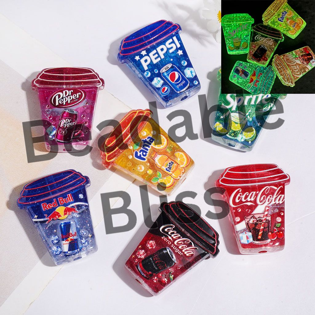 Luminous Acrylic Beads Soda Drink Cup with Glitter, 25*30MM, Semi-Clear, Multi-Color, Random Mix