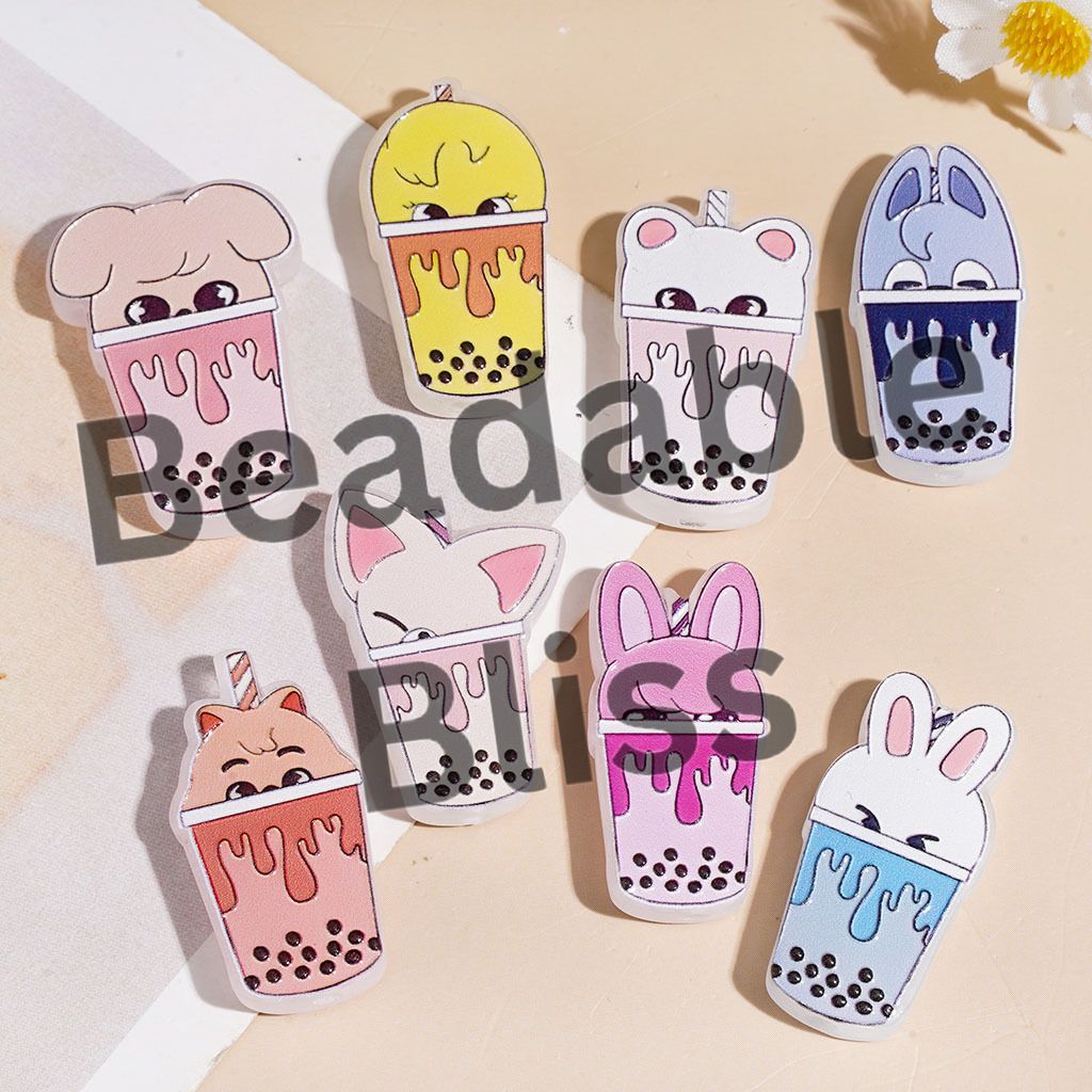 Acrylic Beads Bubble Tea Cup with Animal Head, Around 31MM, Assorted Colors, Random Mix