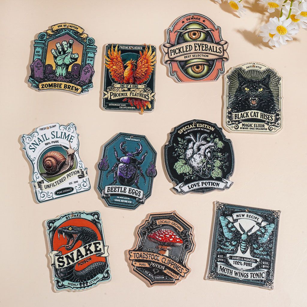 Spooky Gothic Halloween Potion Label, Vintage Horror Character Designs, Acrylic Pendants, Random Mix